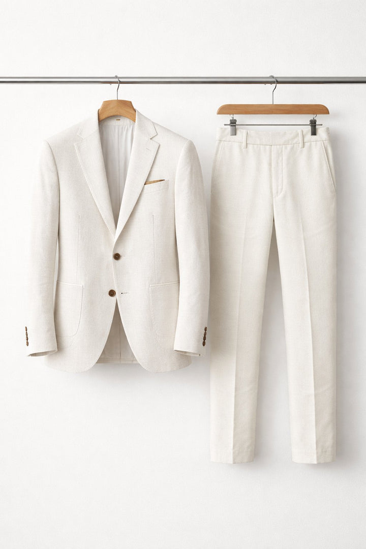 Men's Slim-Fit Two-Piece Suit Structured Blazer Pants Set - White