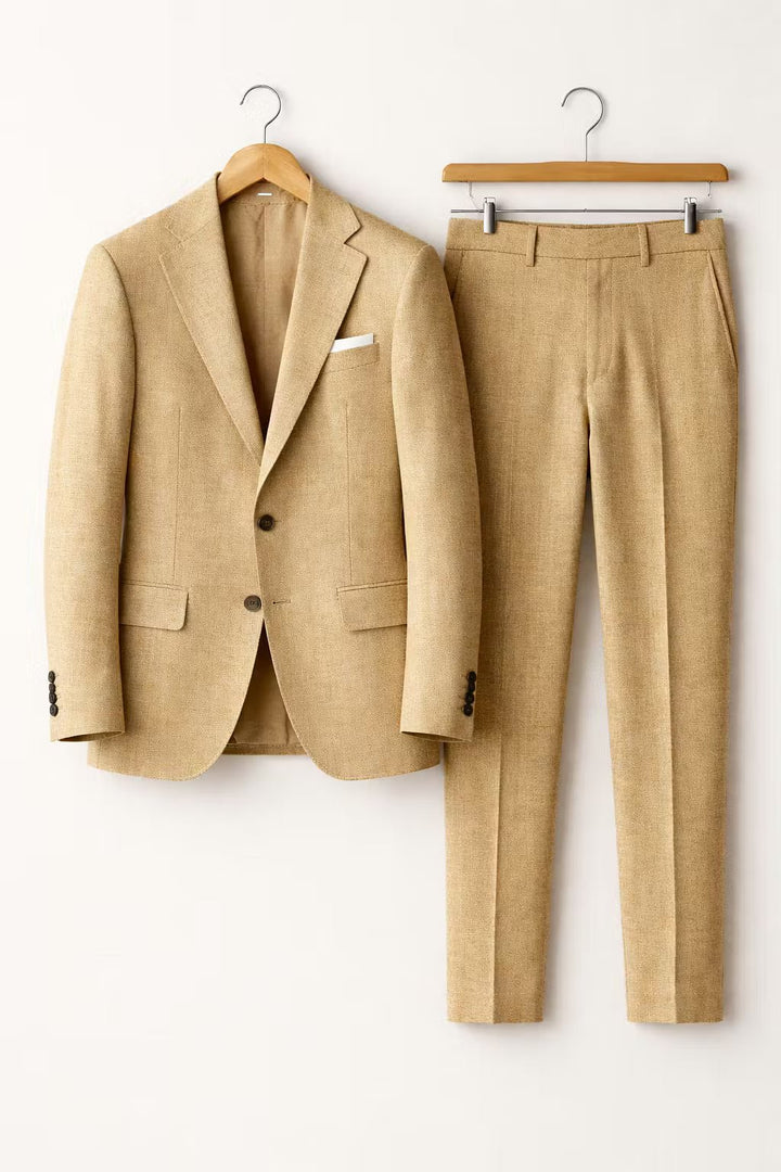 Men's Slim-Fit Two-Piece Suit Structured Blazer Pants Set - Khaki