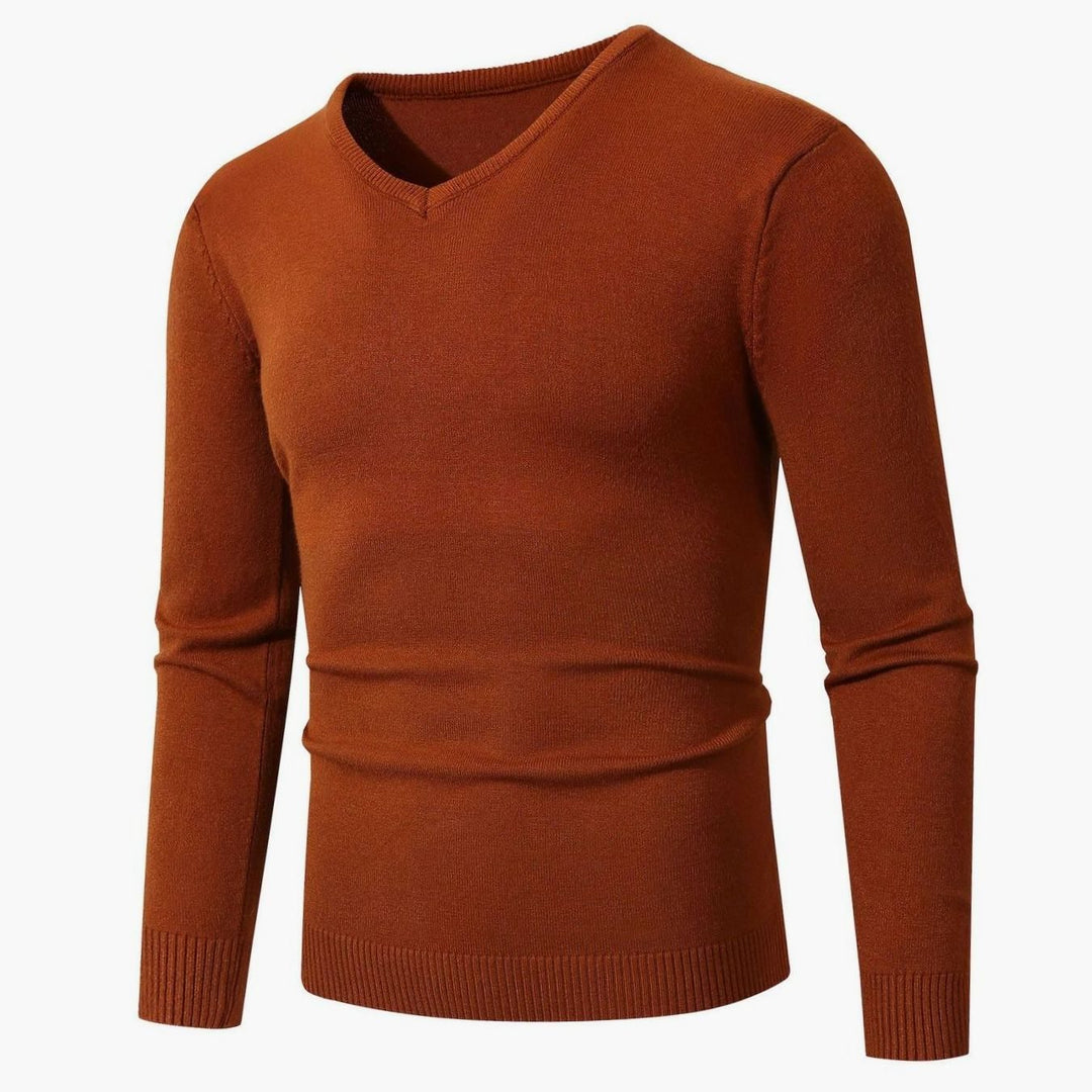 Men's Slim-Fit V-Neck Fine Knit Stretch Sweater Ribbed Cuffs - Caramel