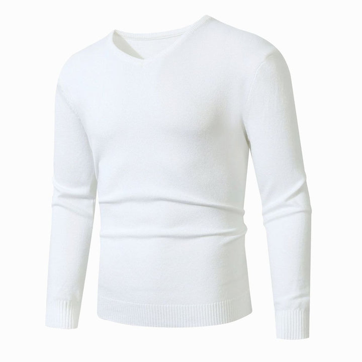 Men's Slim-Fit V-Neck Fine Knit Stretch Sweater Ribbed Cuffs - White