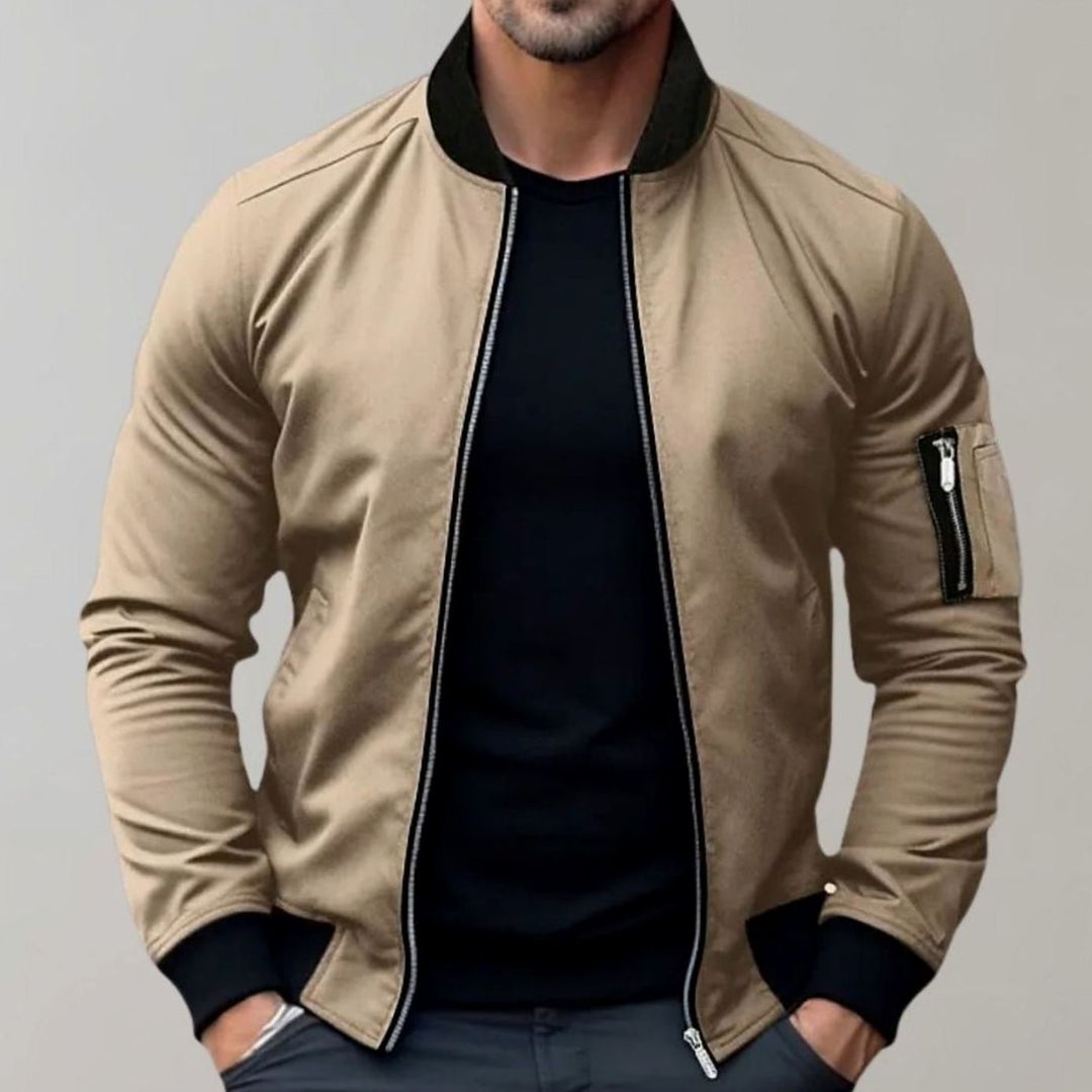 Men's Slim Fit Zip-Up Bomber Jacket Raglan Sleeve Pockets - Khaki