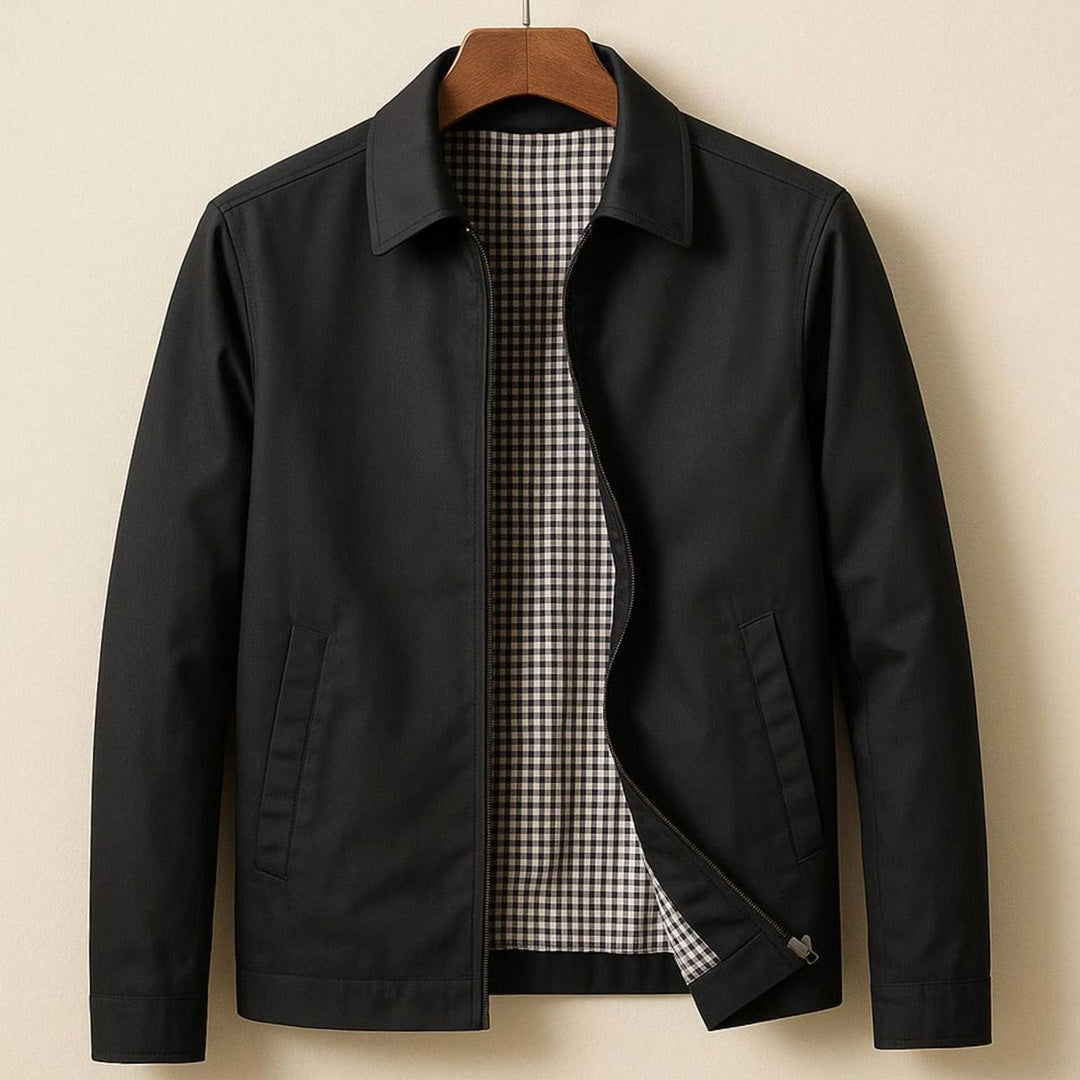 Men's Smart-Casual Harrington Jacket Checked Lining Zip - Black