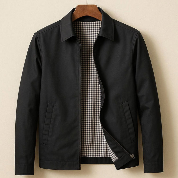 Men's Smart-Casual Harrington Jacket Checked Lining Zip - Black