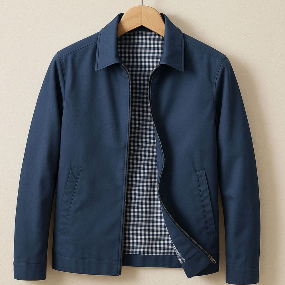 Men's Smart-Casual Harrington Jacket Checked Lining Zip - Blue