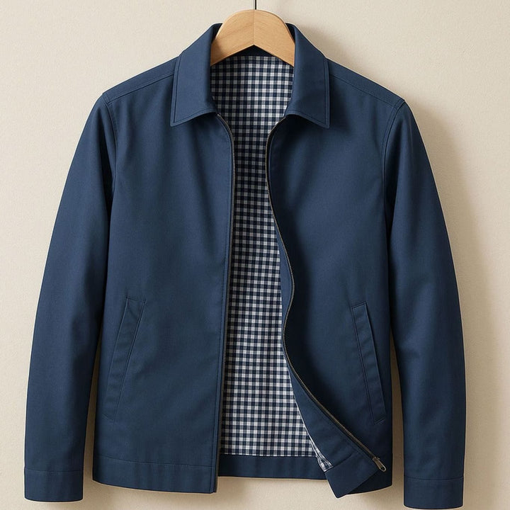 Men's Smart-Casual Harrington Jacket Checked Lining Zip - Blue