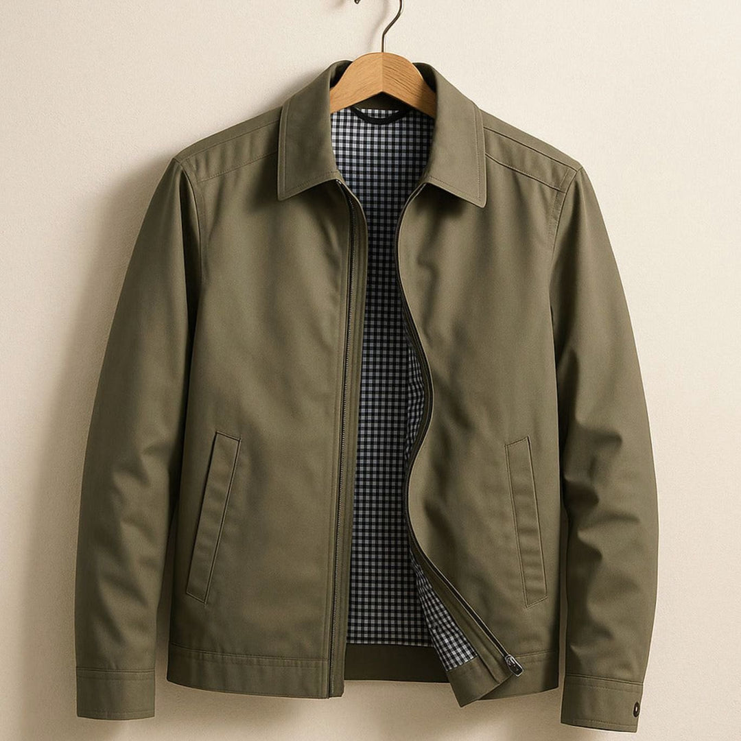 Men's Smart-Casual Harrington Jacket Checked Lining Zip - Khaki