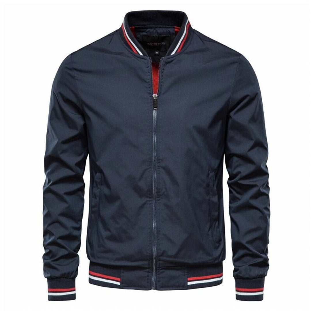 Men's Solid Zip-Up Ribbed-Collar Bomber Jacket