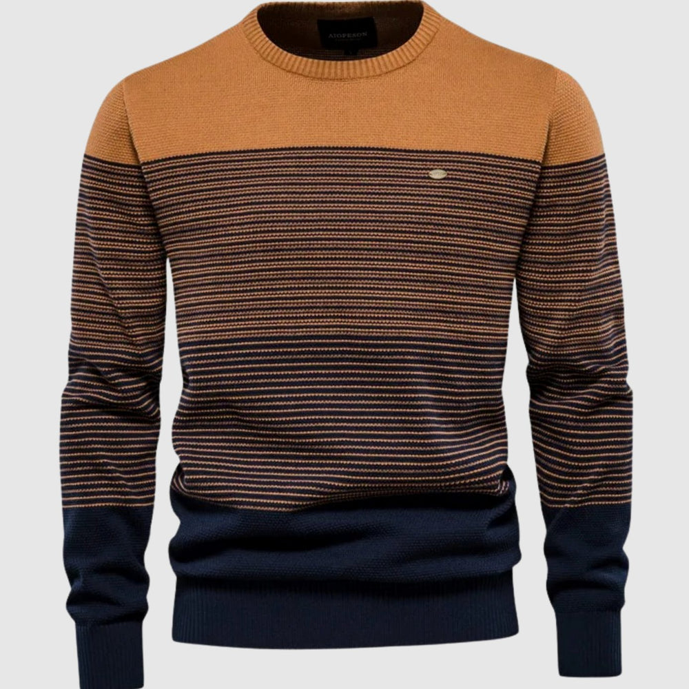 Men's Striped Colorblock Crew Neck Knit Pullover Sweater - Orange