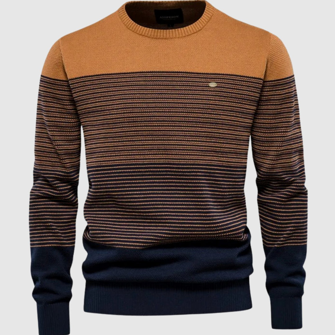 Men's Striped Colorblock Crew Neck Knit Pullover Sweater - Orange
