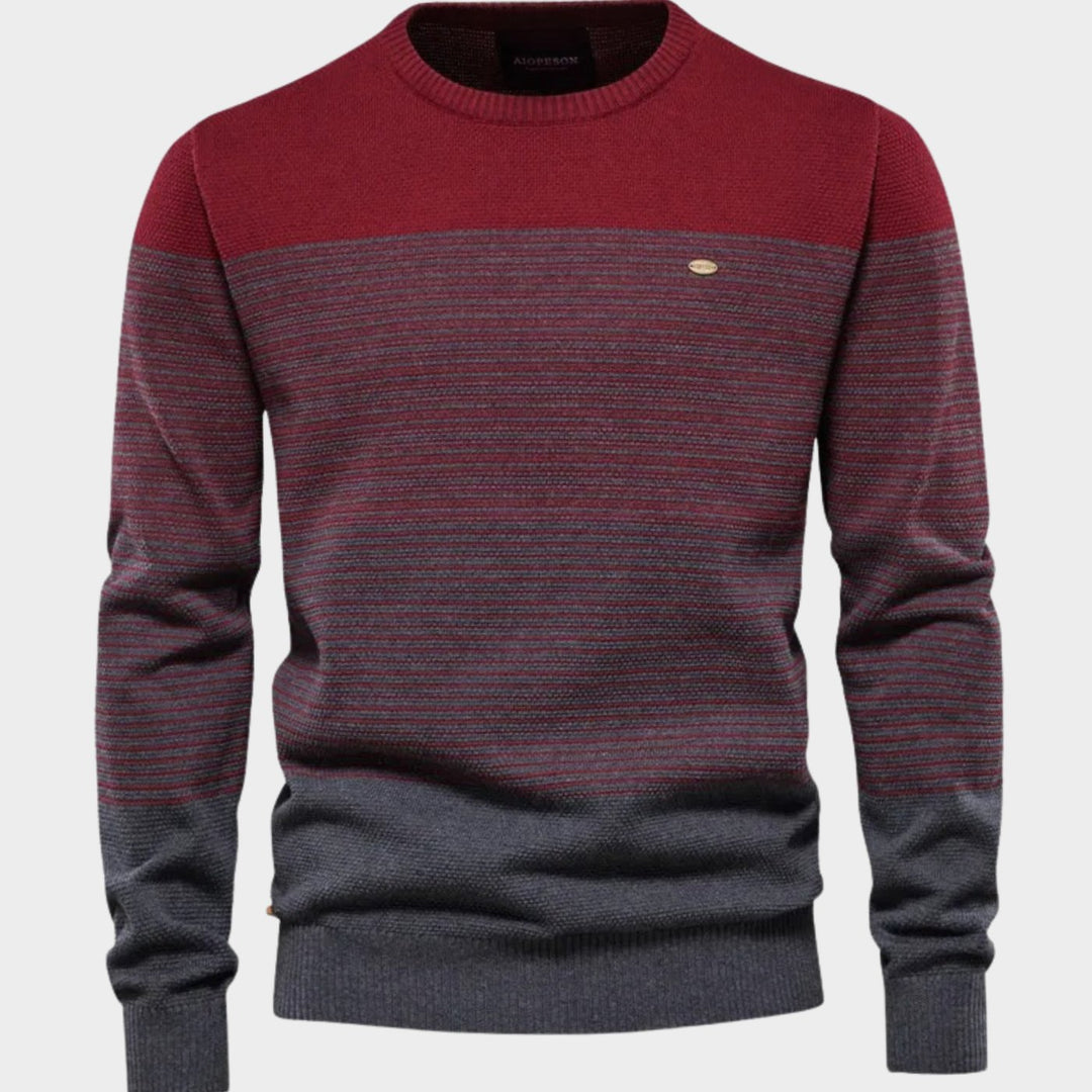 Men's Striped Colorblock Crew Neck Knit Pullover Sweater - Red