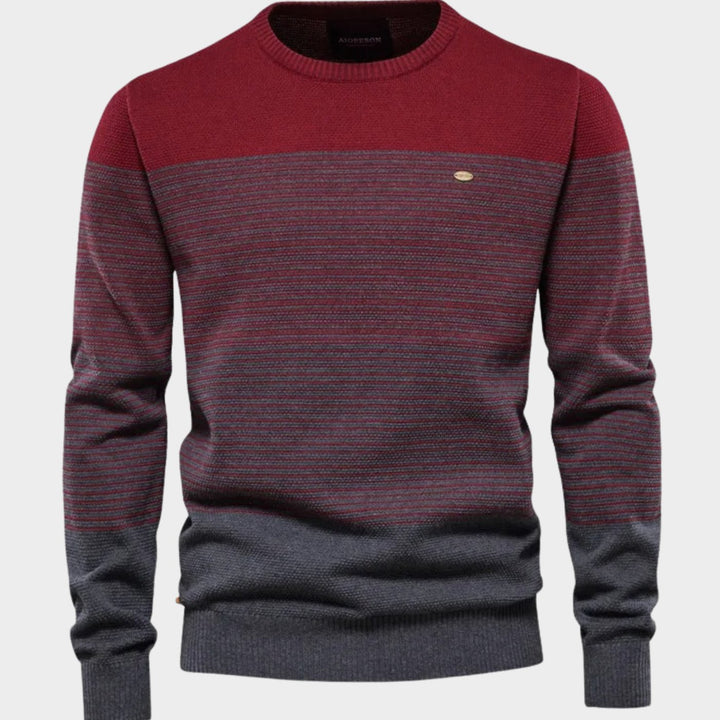 Men's Striped Colorblock Crew Neck Knit Pullover Sweater - Red