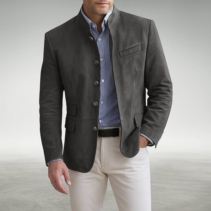 Men's Structured Mandarin-Collar Button-Front Blazer Cardigan - Gray