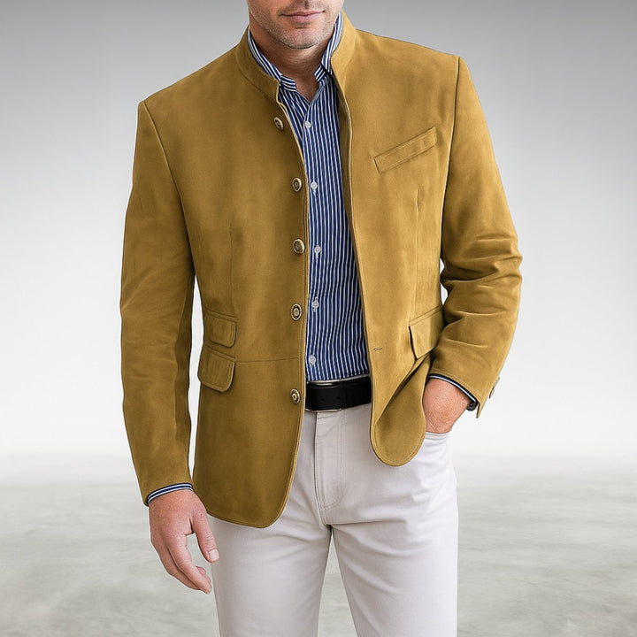 Men's Structured Mandarin-Collar Button-Front Blazer Cardigan - Yellow
