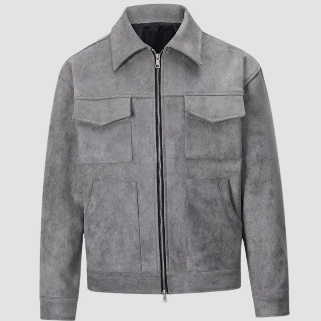Men's Suede-Look Zip-Up Trucker Jacket Four-Pocket - Gray