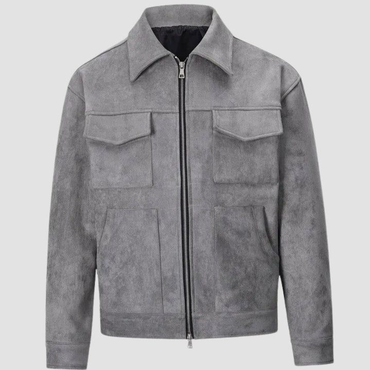 Men's Suede-Look Zip-Up Trucker Jacket Four-Pocket - Gray