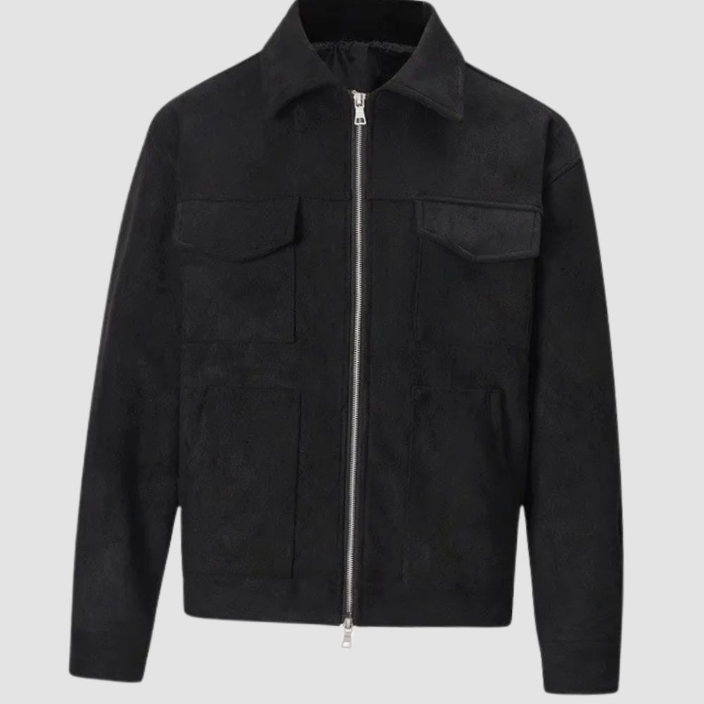 Men's Suede-Look Zip-Up Trucker Jacket Four-Pocket - Black