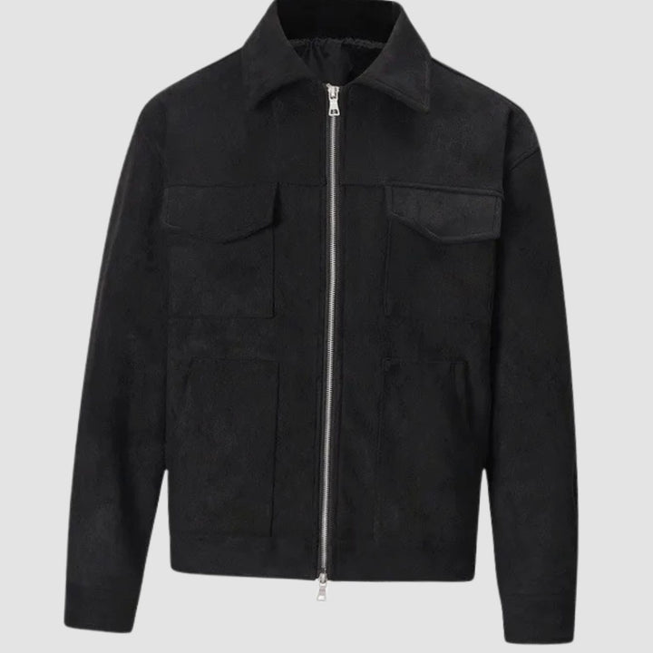 Men's Suede-Look Zip-Up Trucker Jacket Four-Pocket - Black