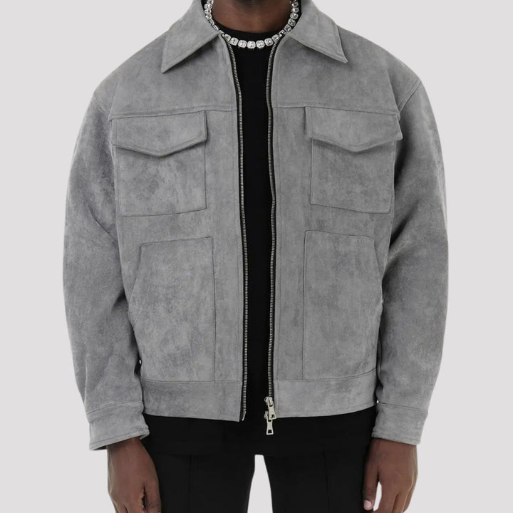 Men's Suede-Look Zip-Up Trucker Jacket Four-Pocket
