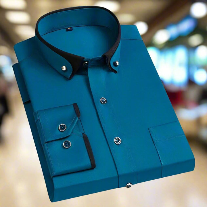 Men's Tailored Long-Sleeve Button-Down Contrast-Collar Dress Shirt - Turquoise Blue