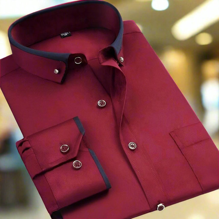 Men's Tailored Long-Sleeve Button-Down Contrast-Collar Dress Shirt - Red