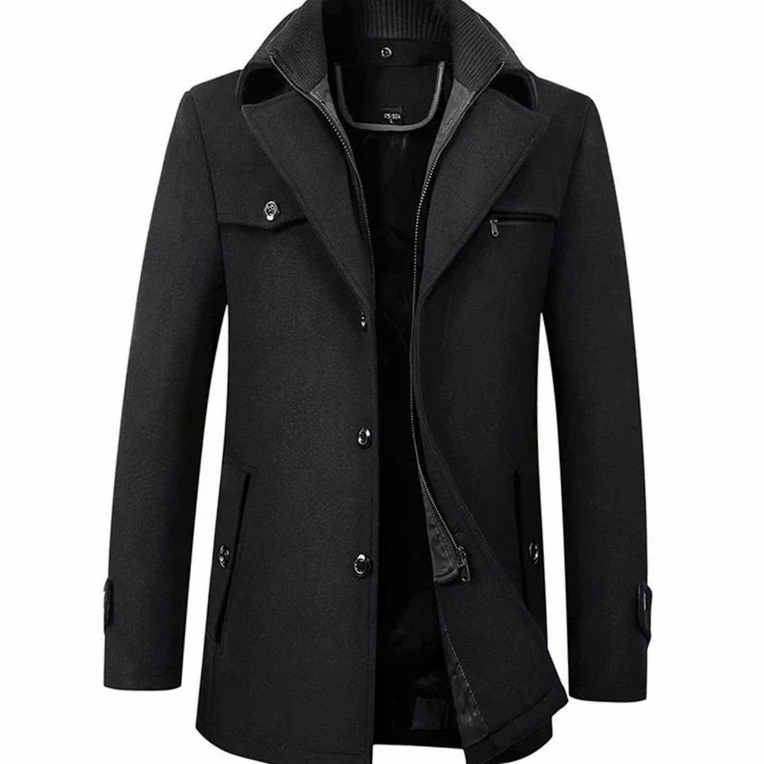 Men's Tailored Single-Breasted Button Overcoat Winter Wool-Blend - Black