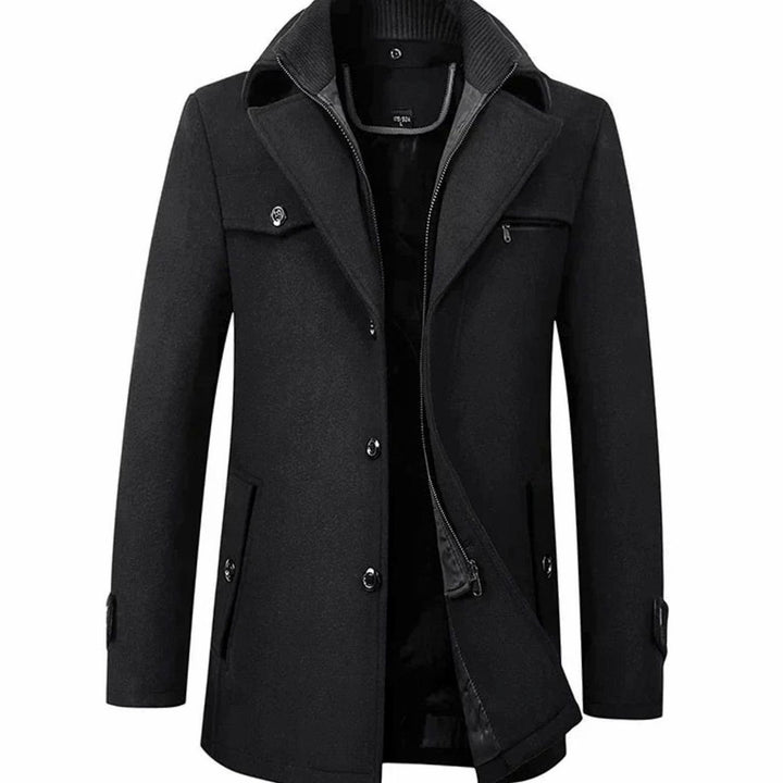 Men's Tailored Single-Breasted Button Overcoat Winter Wool-Blend - Black