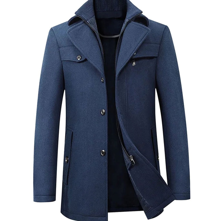 Men's Tailored Single-Breasted Button Overcoat Winter Wool-Blend - Navy Blue