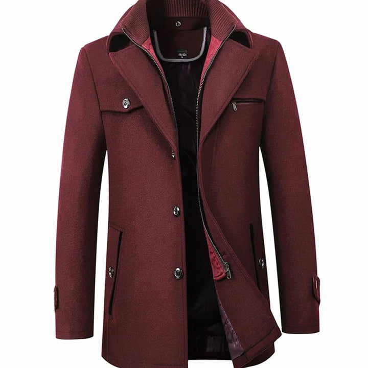 Men's Tailored Single-Breasted Button Overcoat Winter Wool-Blend - Burgundy