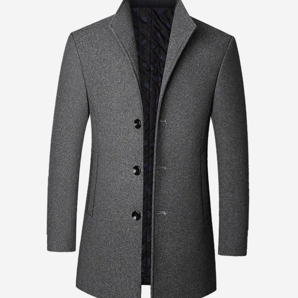 Men's Tailored Single-Breasted Long Overcoat Stand Collar - Grey