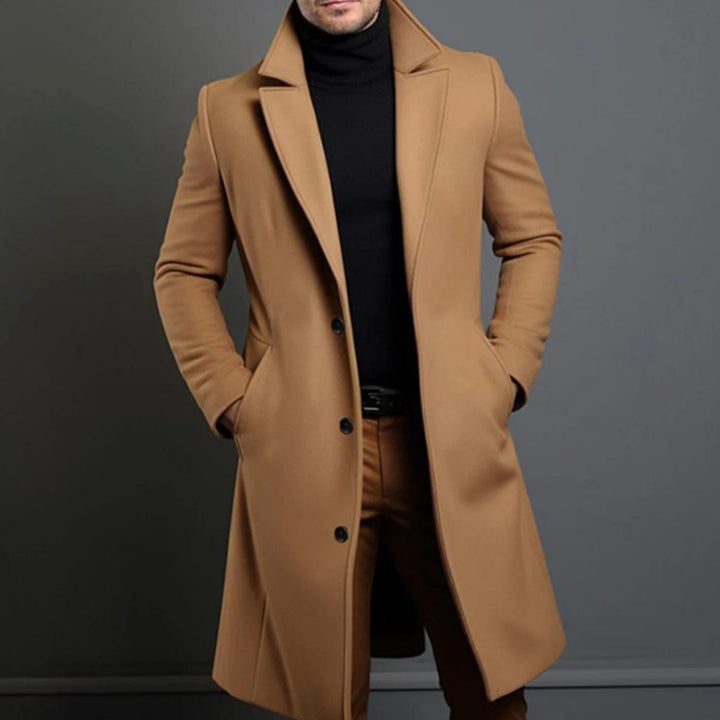 Men's Tailored Wool-Blend Long Overcoat Notch Lapel - Brown