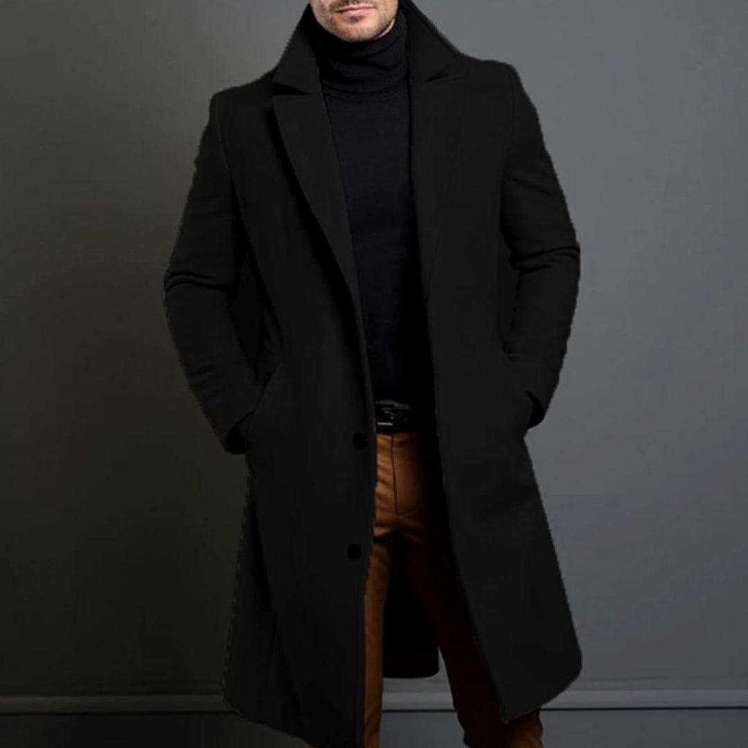 Men's Tailored Wool-Blend Long Overcoat Notch Lapel - Black
