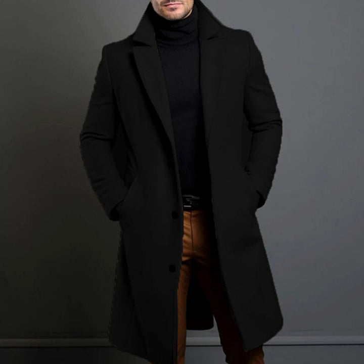 Men's Tailored Wool-Blend Long Overcoat Notch Lapel - Black
