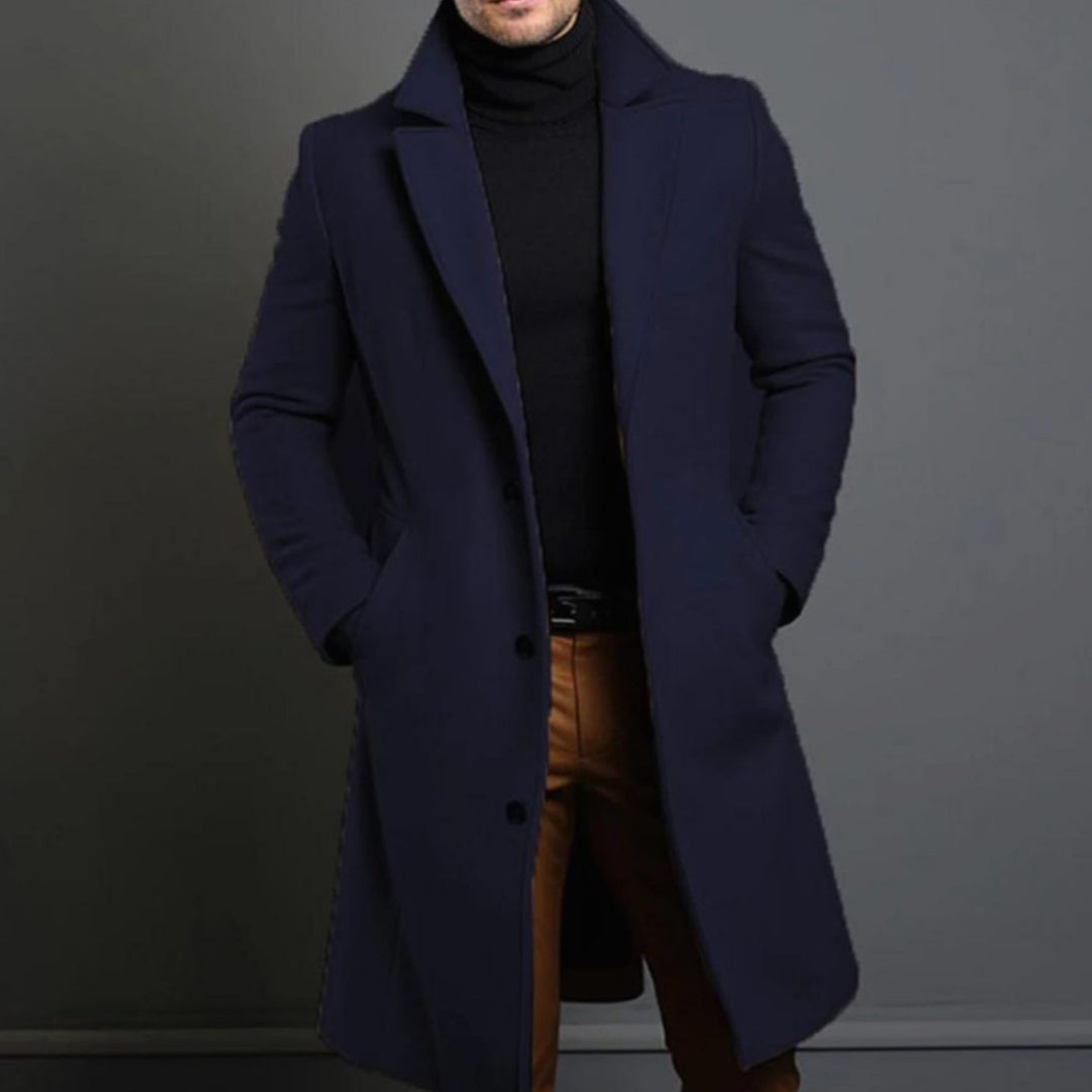 Men's Tailored Wool-Blend Long Overcoat Notch Lapel - Blue