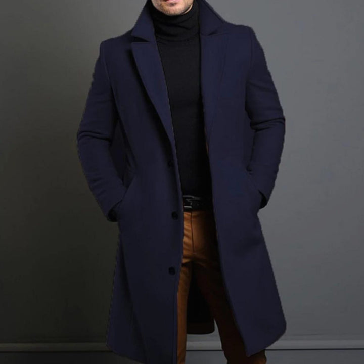 Men's Tailored Wool-Blend Long Overcoat Notch Lapel - Blue