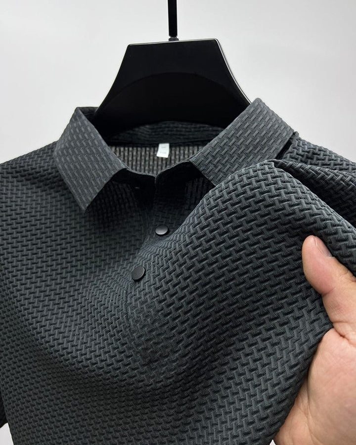Men's Textured Mesh Breathable Button-Up Polo Shirt - Gray