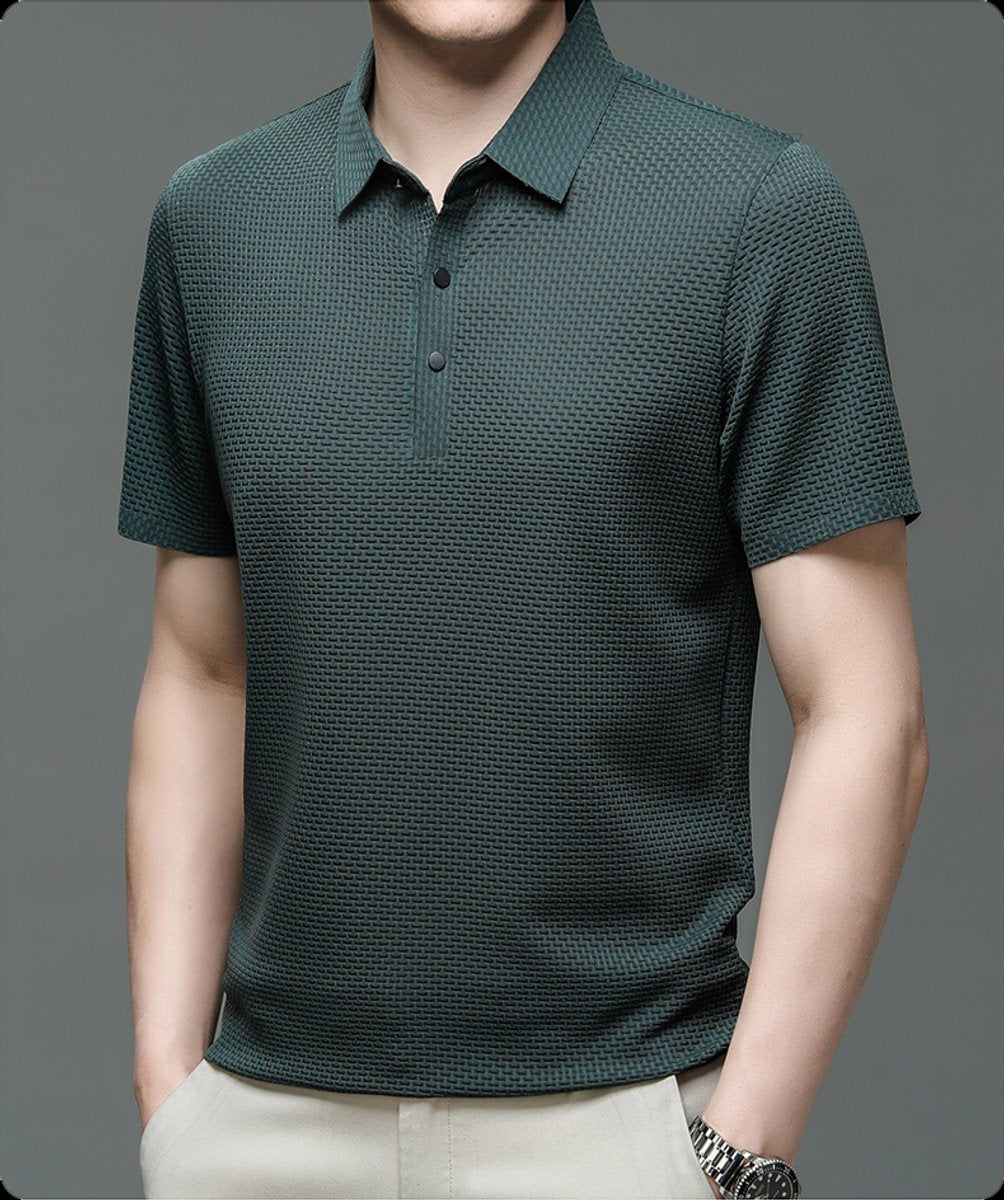 Men's Textured Mesh Breathable Button-Up Polo Shirt