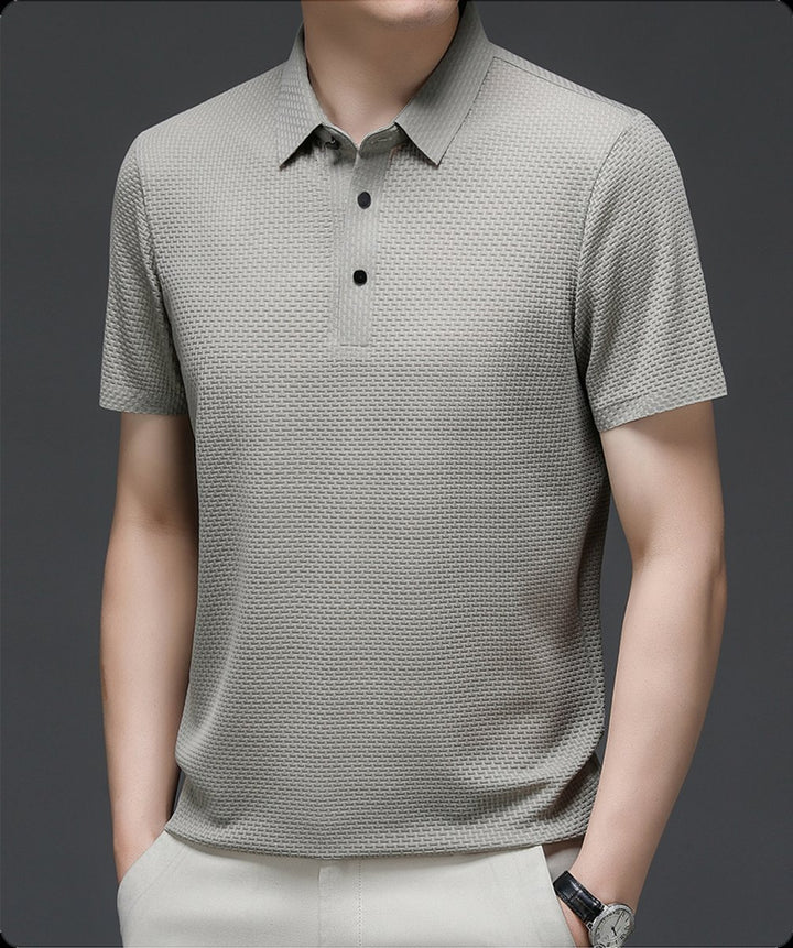 Men's Textured Mesh Breathable Button-Up Polo Shirt