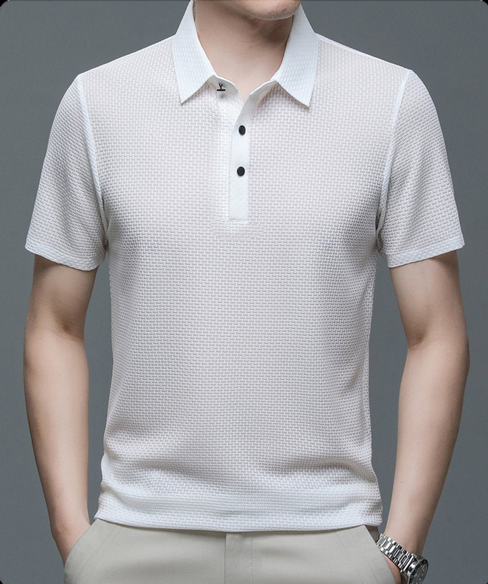 Men's Textured Mesh Breathable Button-Up Polo Shirt