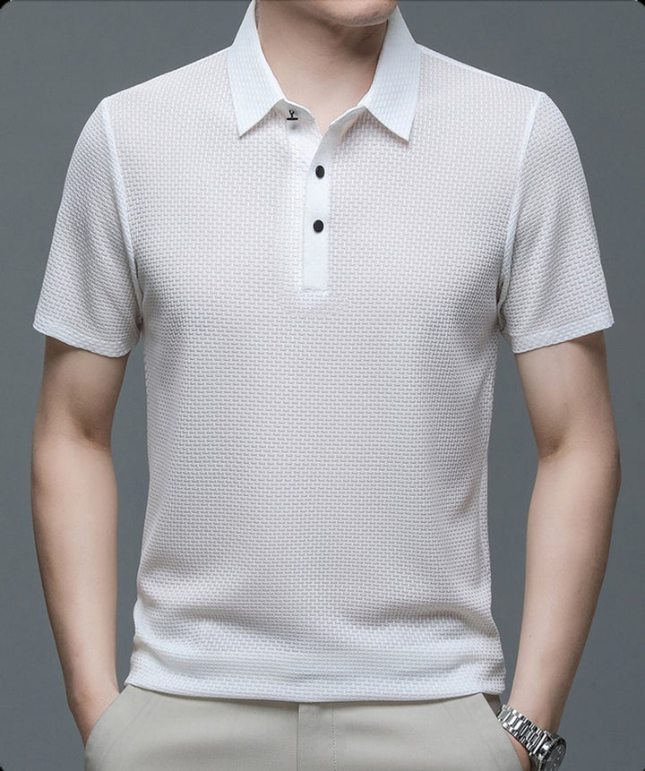 Men's Textured Mesh Breathable Button-Up Polo Shirt