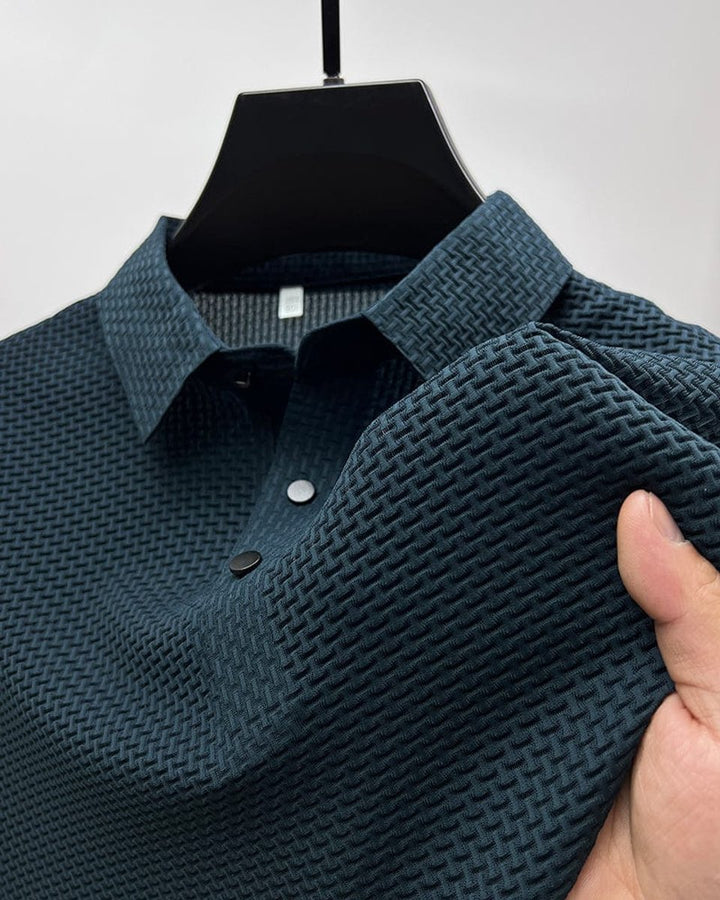 Men's Textured Mesh Breathable Button-Up Polo Shirt - Navy Blue