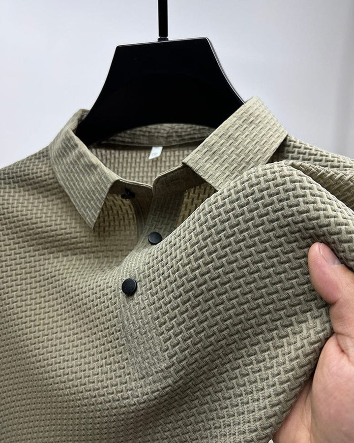 Men's Textured Mesh Breathable Button-Up Polo Shirt - Beige