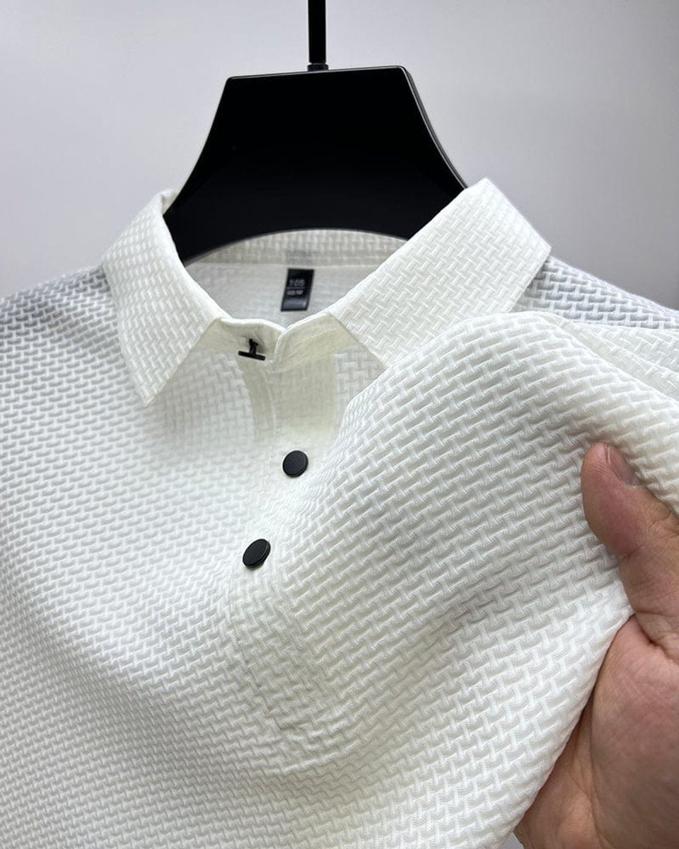 Men's Textured Mesh Breathable Button-Up Polo Shirt - White