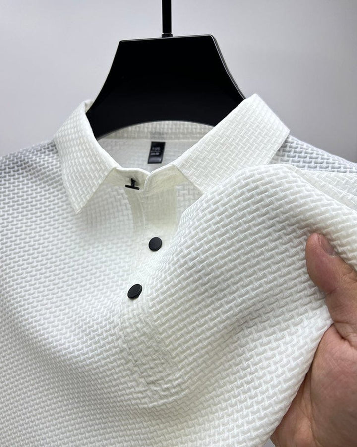 Men's Textured Mesh Breathable Button-Up Polo Shirt - White