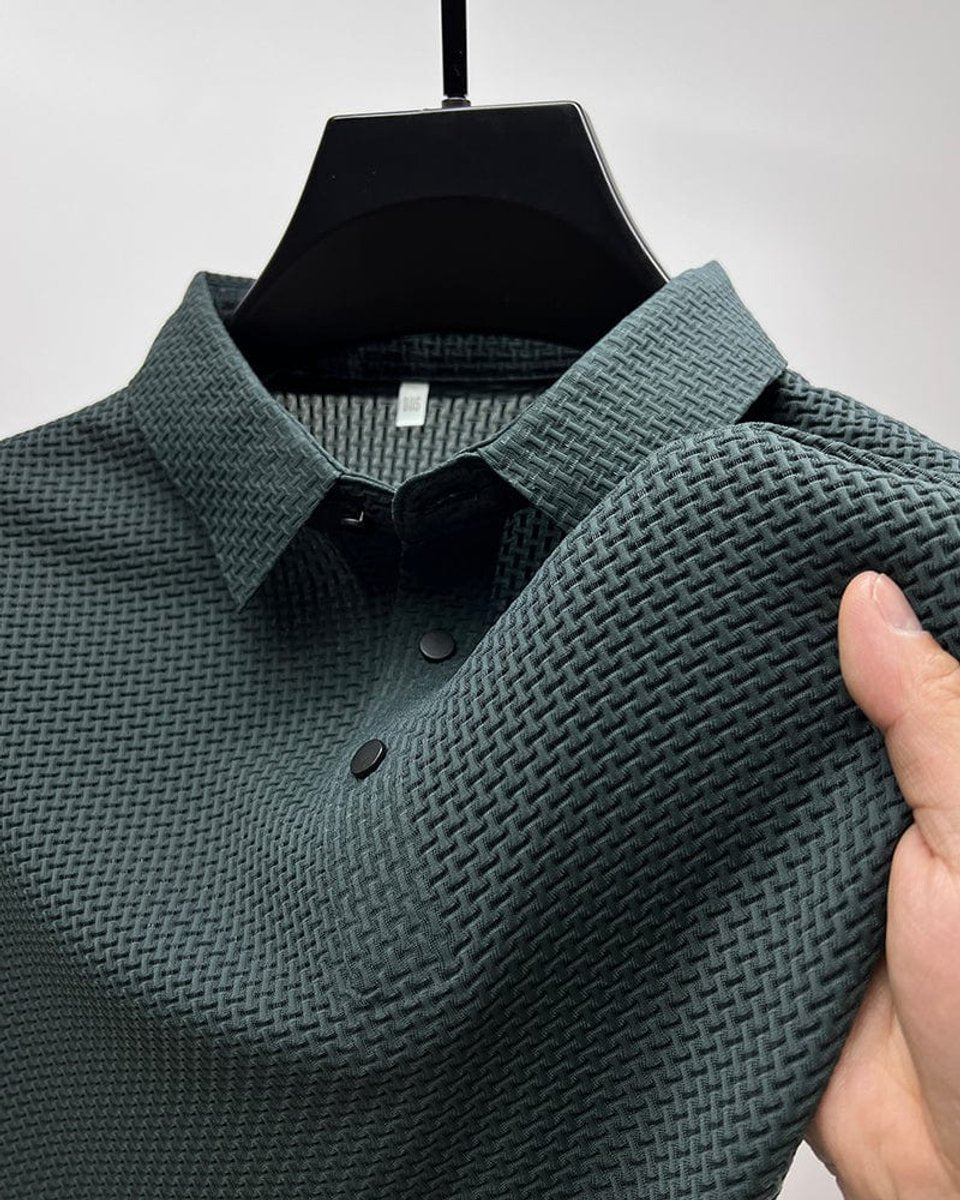 Men's Textured Mesh Breathable Button-Up Polo Shirt - Dark Green