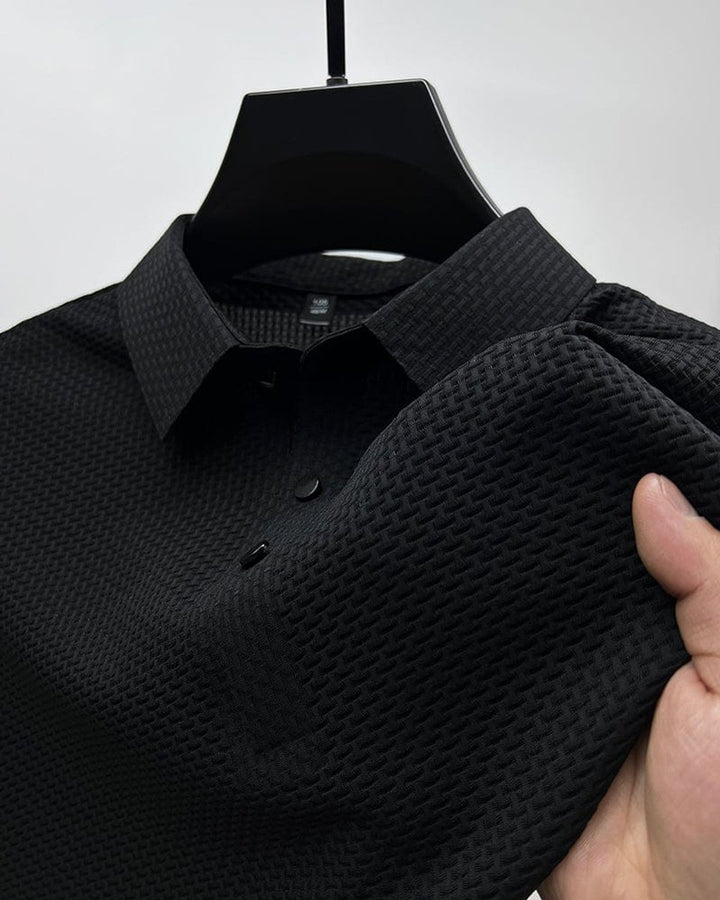 Men's Textured Mesh Breathable Button-Up Polo Shirt - Black