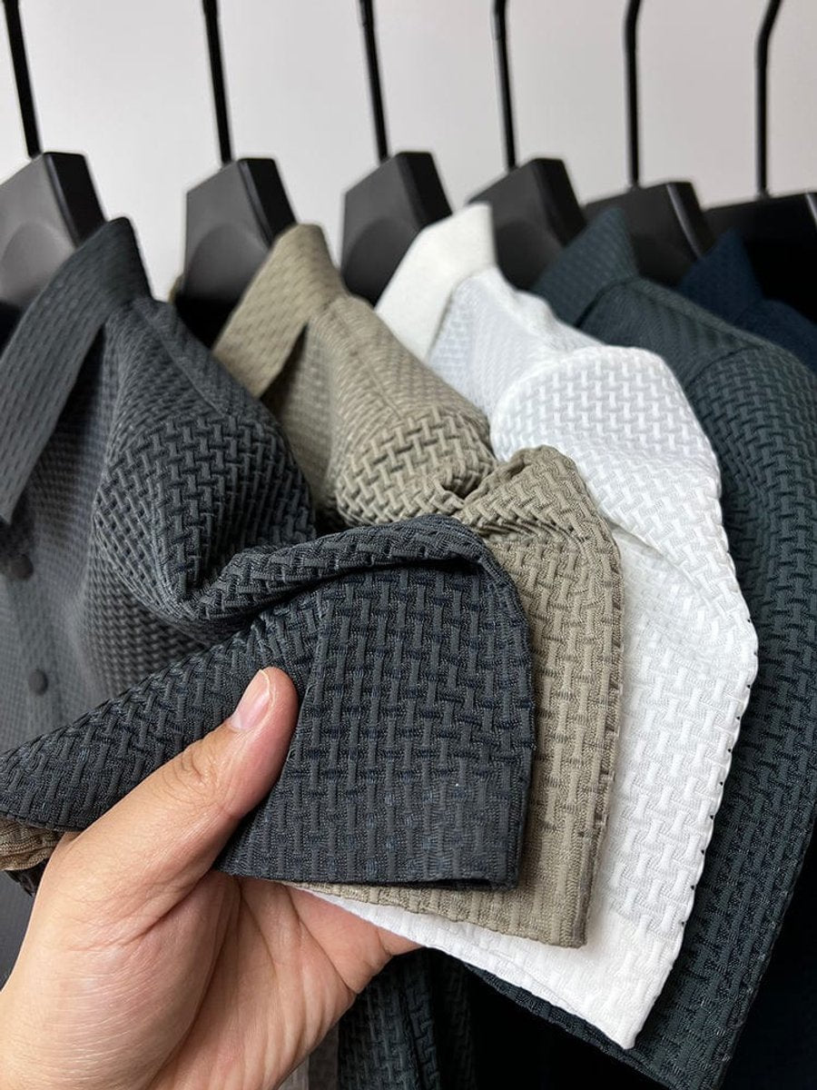 Men's Textured Mesh Breathable Button-Up Polo Shirt