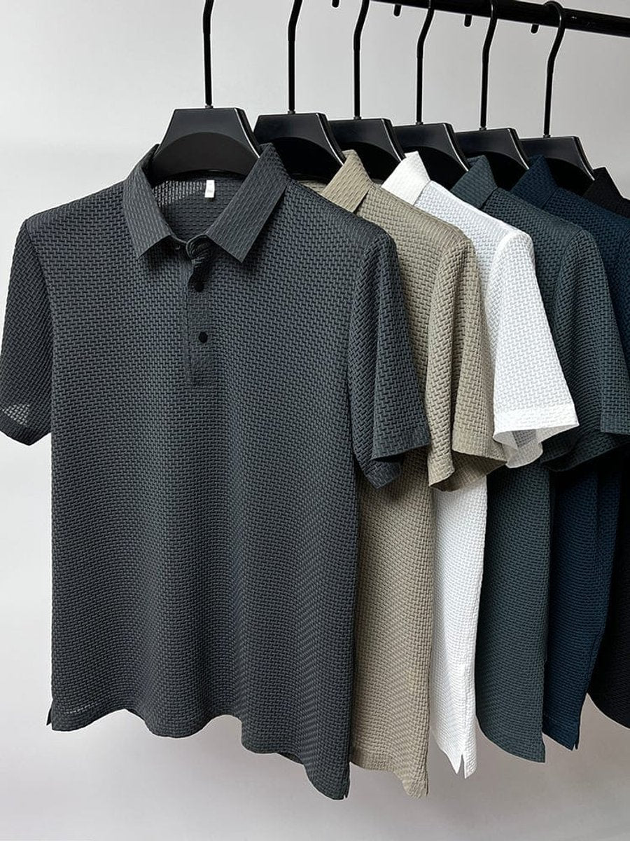 Men's Textured Mesh Breathable Button-Up Polo Shirt