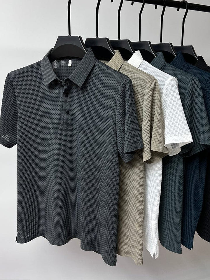 Men's Textured Mesh Breathable Button-Up Polo Shirt