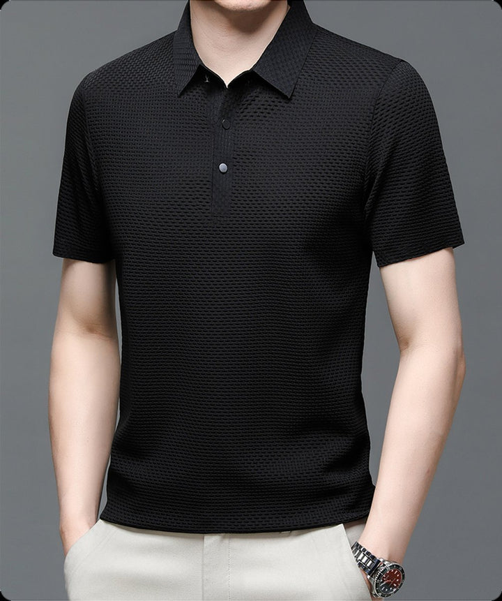 Men's Textured Mesh Breathable Button-Up Polo Shirt