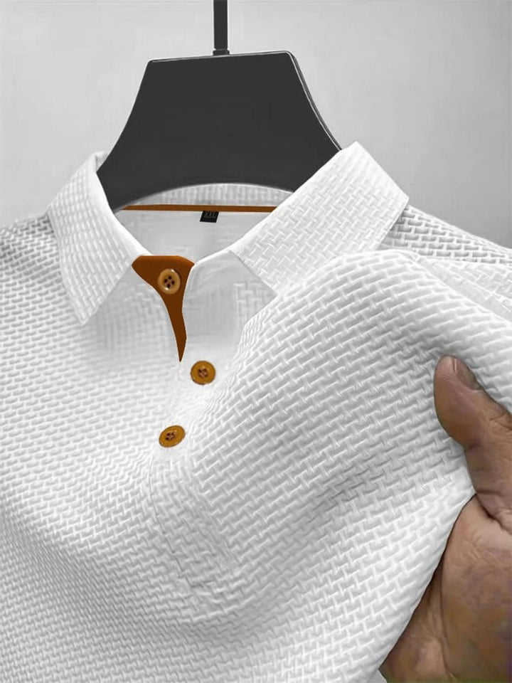 Men's Textured Woven-Pattern Button-Collar Polo Shirt - White